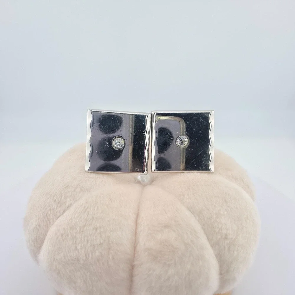 Vintage SWANK Cufflinks Clear Rhinestone Wavy Border Stainless Steel Bullet Back